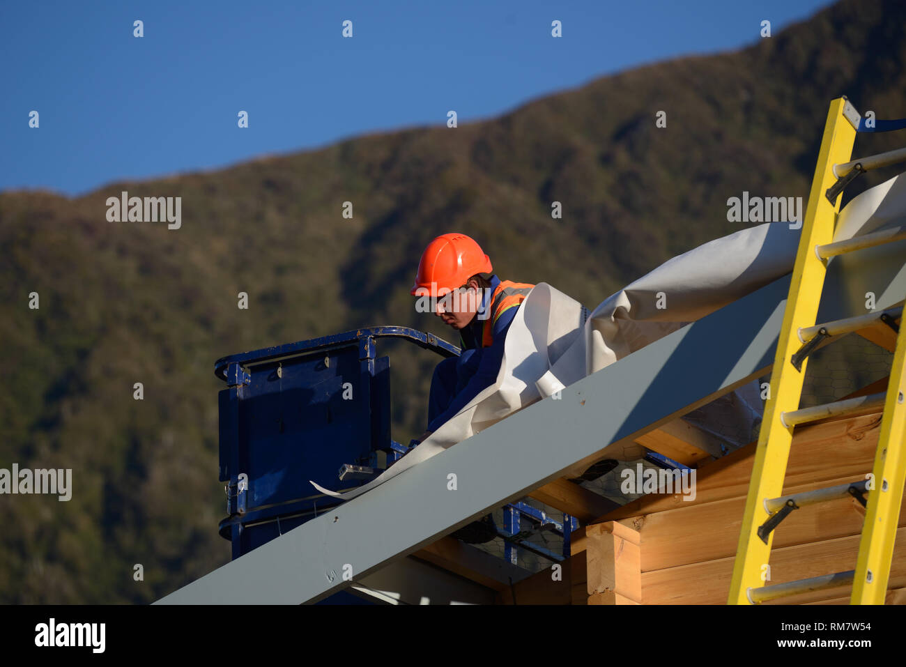 Un constructeur marteaux vers le bas du papier de construction, alors que l'équipe met la toiture d'un grand immeuble commercial Banque D'Images