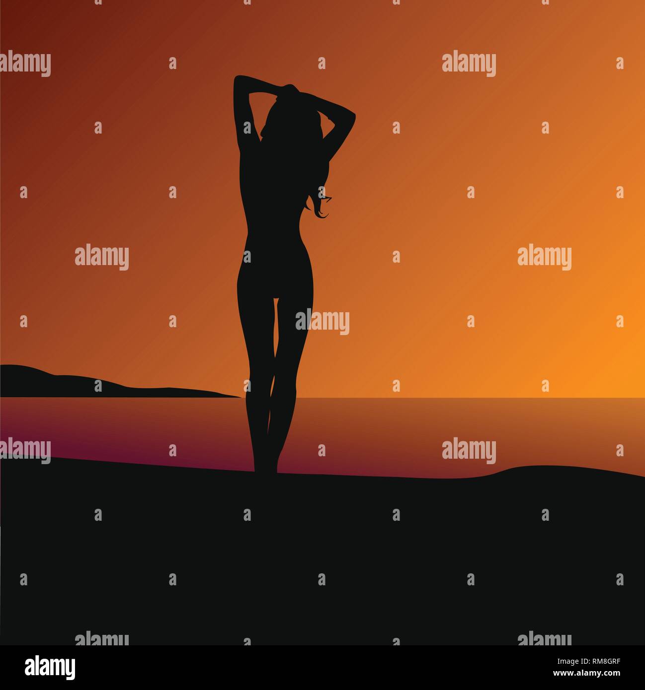 Vector illustration of a woman's silhouette sur la plage au coucher du soleil Illustration de Vecteur