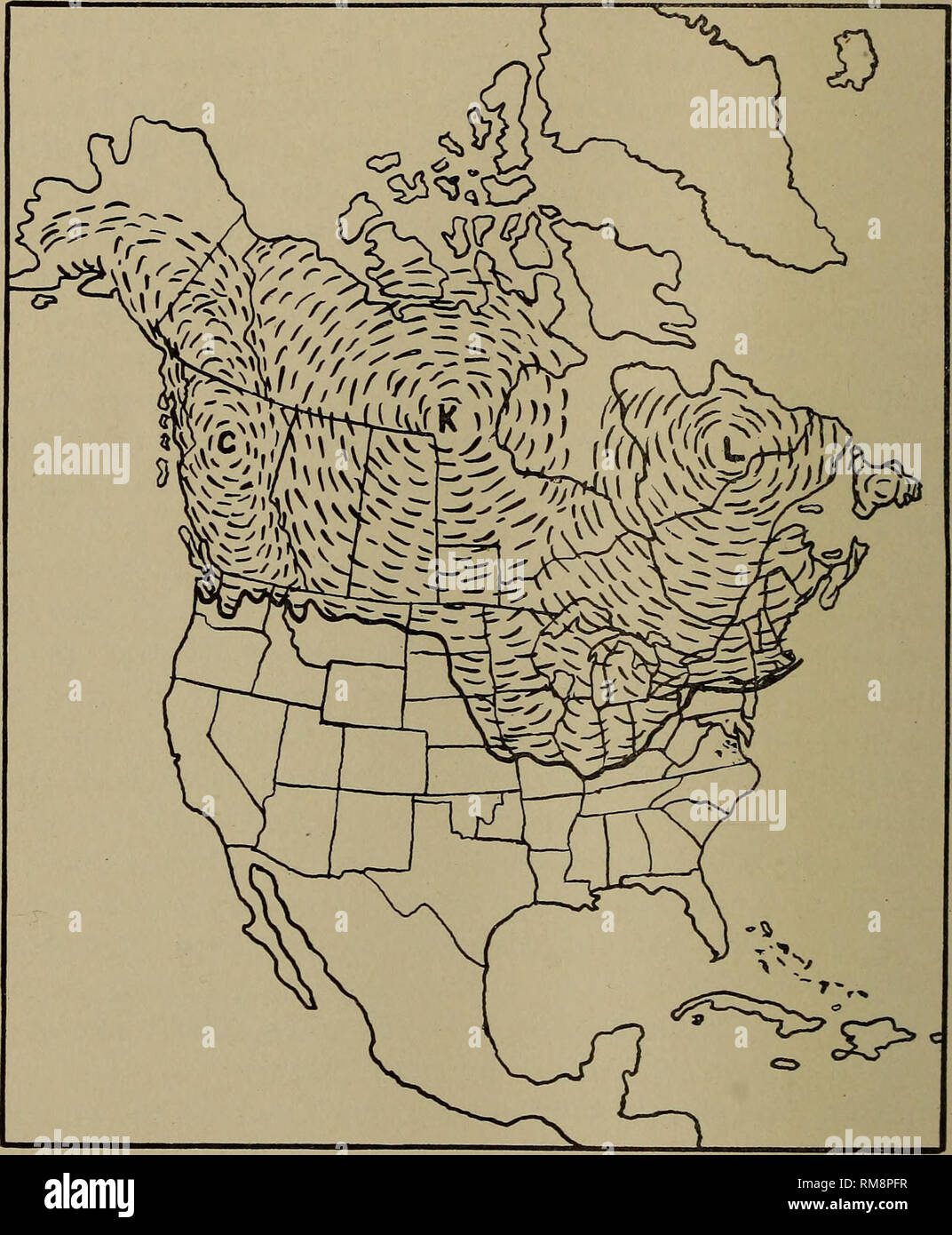 . Rapport annuel. New York State Museum ; Sciences ; Sciences. NEW YORK STATE MUSEUM moment de glaciation maximale, et aussi les trois grands centres d'accumulation et la dispersion de la glace. Les directions de l'écoulement de la glace à partir de ces centres ont été déterminées par l'étude de la direction d'un très grand nombre de stries glaciaires ou rayures.. Fig. 29 Carte de l'Amérique du Nord montrant les limites de la grandes calottes glaciaires du Quaternaire. Les trois grands centres de glace sont indiqués par les lettres comme suit : L  = Laborador ou Glacier Laurentidien ; K =Glacier Keewatin ; et C  = Glacier de la Cordillère. Banque D'Images