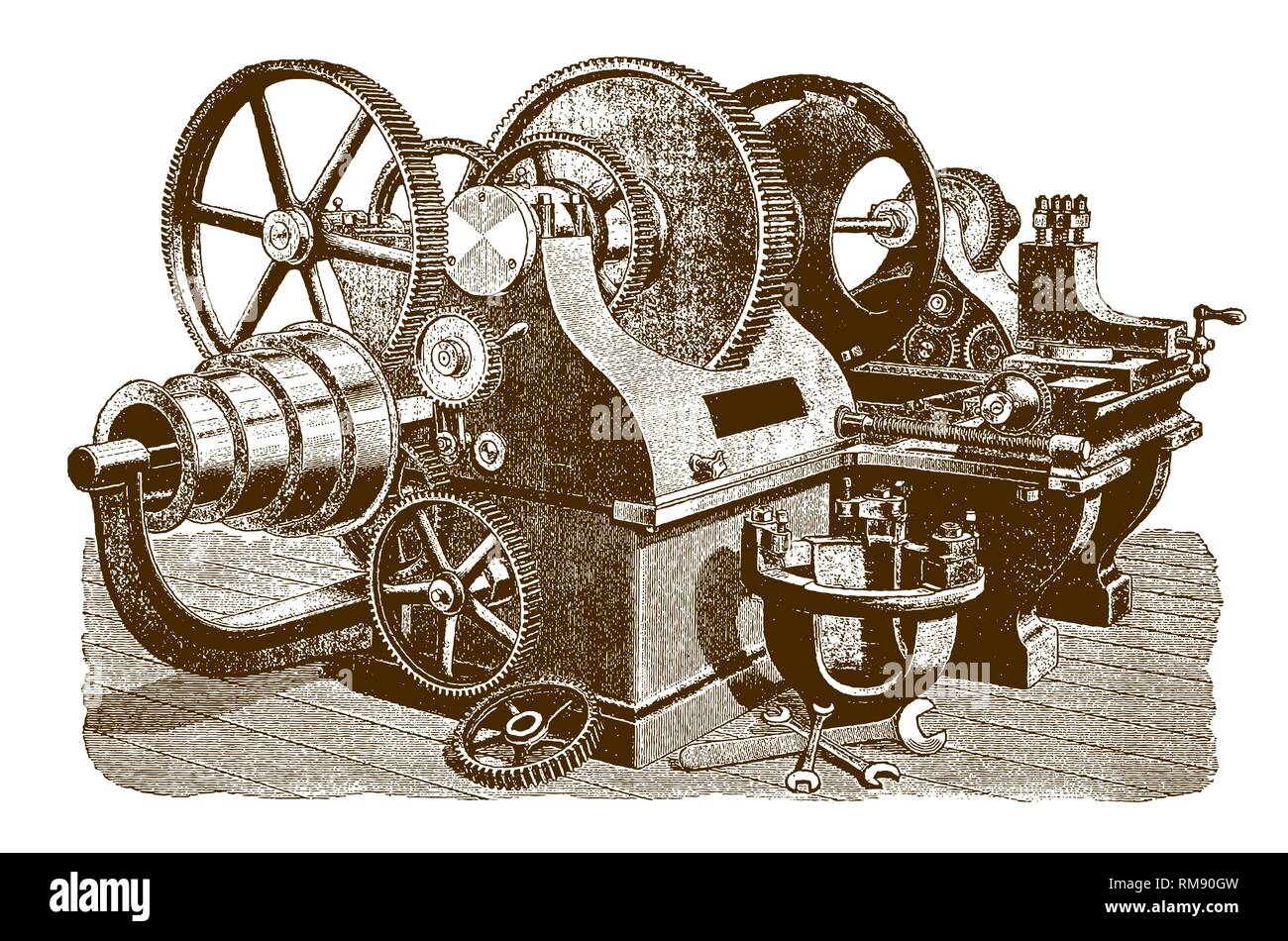 Poulie historique machine de tour (après une gravure ou une gravure du xixe siècle) Illustration de Vecteur