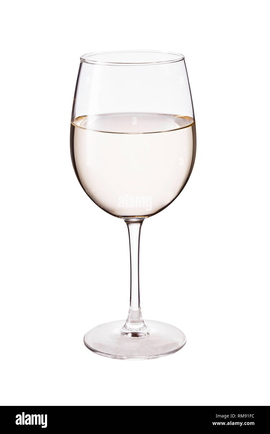 Vin blanc rafraîchissant sur verre blanc avec un chemin de détourage Banque D'Images