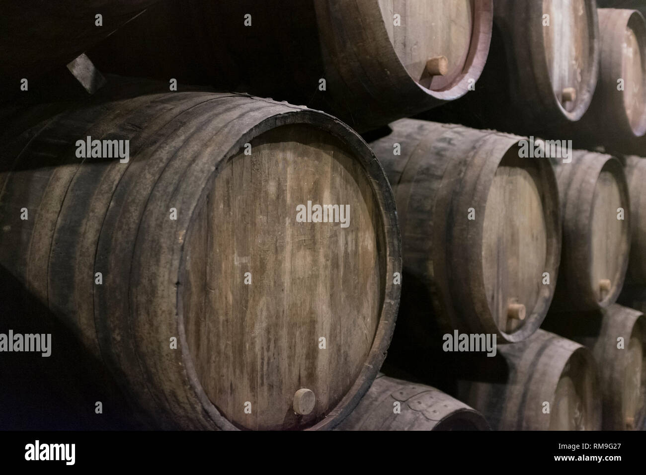 Du vin de barils dans la cave d'un lodge de port à Porto, Portugal Banque D'Images