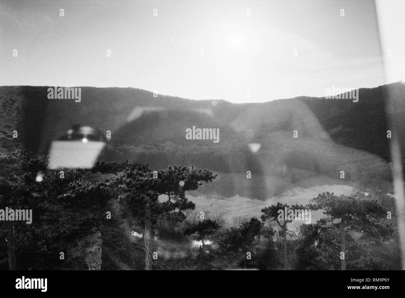 Paysage Vintage dans les bois sur le film. La photographie analogique numérisée atmosphérique avec grain. La mise en miroir du photographe lui-même dans un filtre gradué. Banque D'Images