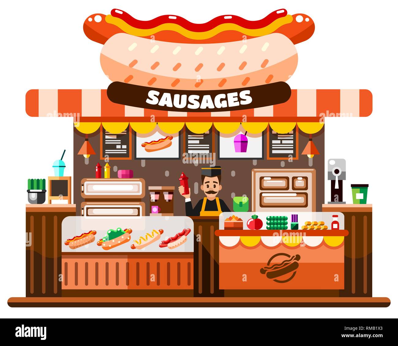 Fast food cafe intérieur avec chef standing derrière un bureau de comptoir avec des hot dogs, du menu et de goodies. Télévision Vector Illustration Illustration de Vecteur