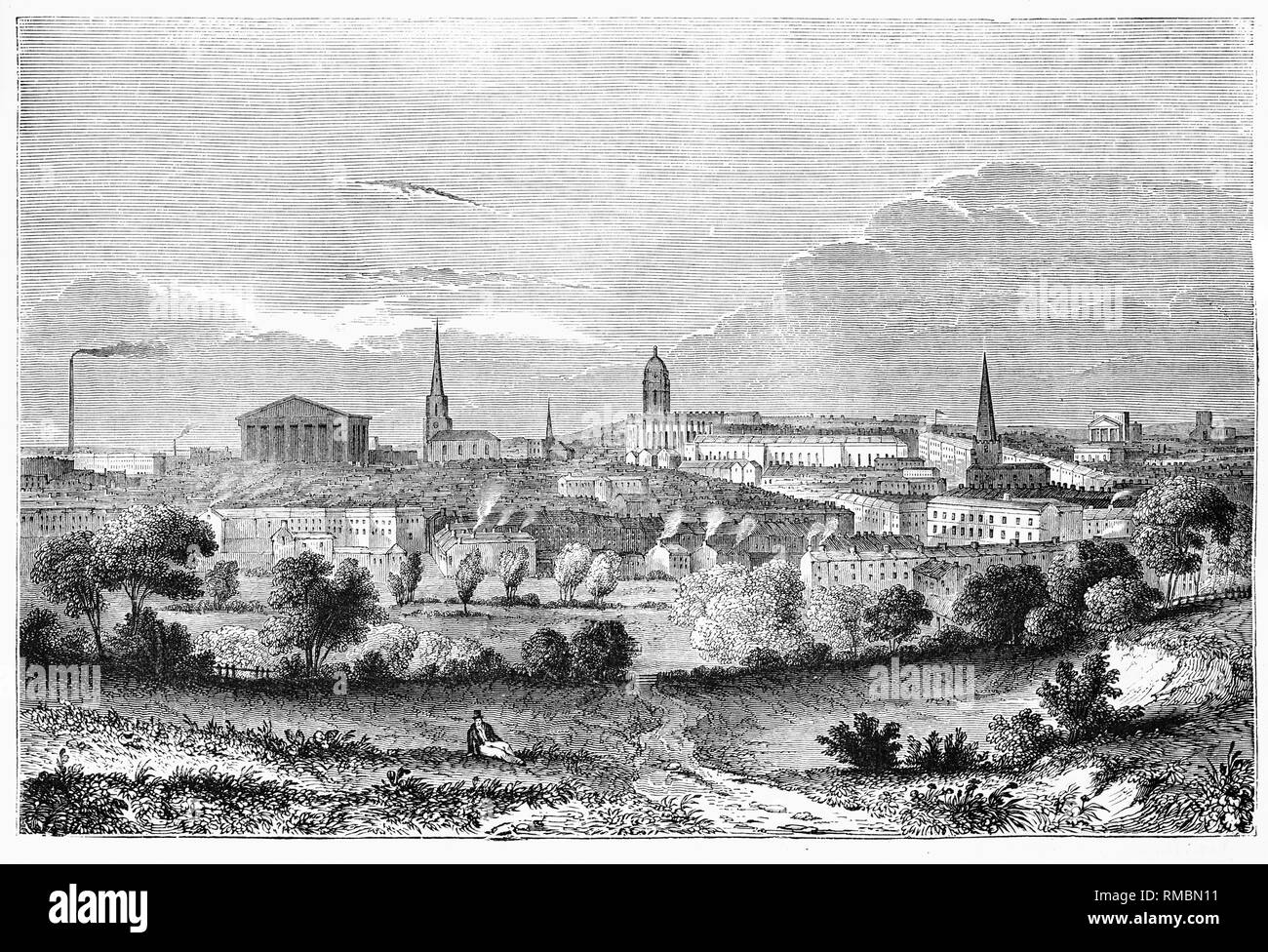 Une vue panoramique de Birmingham, en Angleterre au 19e siècle, dans laquelle l'hôtel de ville, et l'église cathédrale de St Philip's, sont visibles à l'horizon. Birmingham, la deuxième ville d'Angleterre, a commencé comme un village saxon, mais par le 19ème siècle son industrie était dominée par la métallurgie. Il y avait des bijoutiers et les armuriers et les travailleurs de la ville qui fait les ongles, laiton (comme le bois), les écrous et boulons, vis, boutons, plumes à écrire et des jouets. plus grande de marchandises comme des wagons de chemin de fer ont été faites et la fabrication du verre est aussi une industrie importante. Banque D'Images