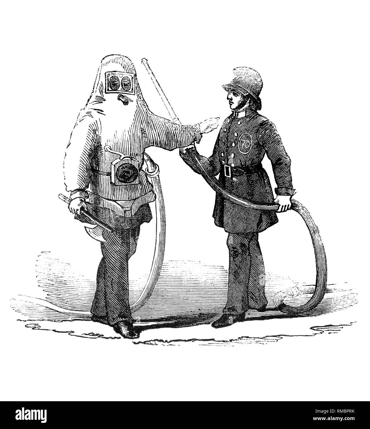 À la suite d'une multitude d'arrangements ad-hoc et l'incendie le Grand Incendie de Londres, diverses compagnies d'assurance établies unités du Service des incendies pour lutter contre les incendies qui se sont produits dans les bâtiments que leurs sociétés respectives assuré. Alors que la demande a augmenté les unités du Service des incendies a commencé à coordonner et coopérer les uns avec les autres. En 1833, la London Fire Engine création a été formé sous la direction de James Braidwood, qui a présenté un uniforme qui, pour la première fois, comprend la protection personnelle contre les dangers de l'incendie. Banque D'Images