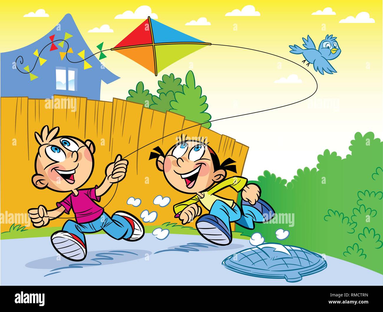 L'illustration montre un garçon et une fille en vacances à la campagne. Ils s'amusent et lancer un cerf-volant. Illustration de Vecteur
