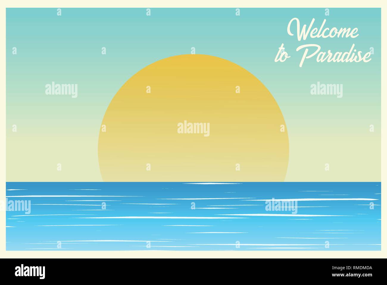 Seascape. Coucher du soleil sur l'océan. Lever du soleil carte postale. Bienvenue au paradis. Arrière-plan de l'été. Vector illustration Illustration de Vecteur