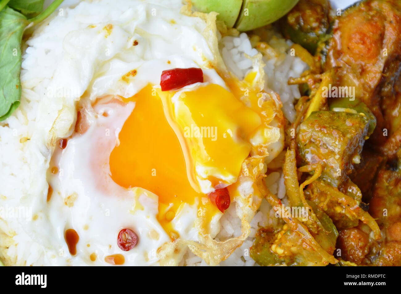 Poisson-chat épicé au curry et œuf frit sur le riz Banque D'Images