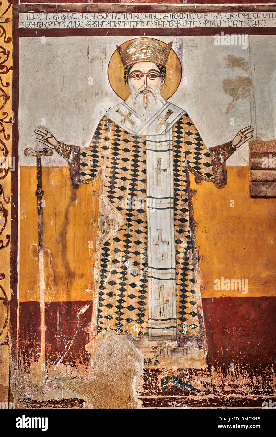 Photos et images de la fresque Byzantine des volets dans l'Église orthodoxe géorgienne de Gelati de la Vierge, 1106, représentant des saints. Les Gelati médiévale mo Banque D'Images