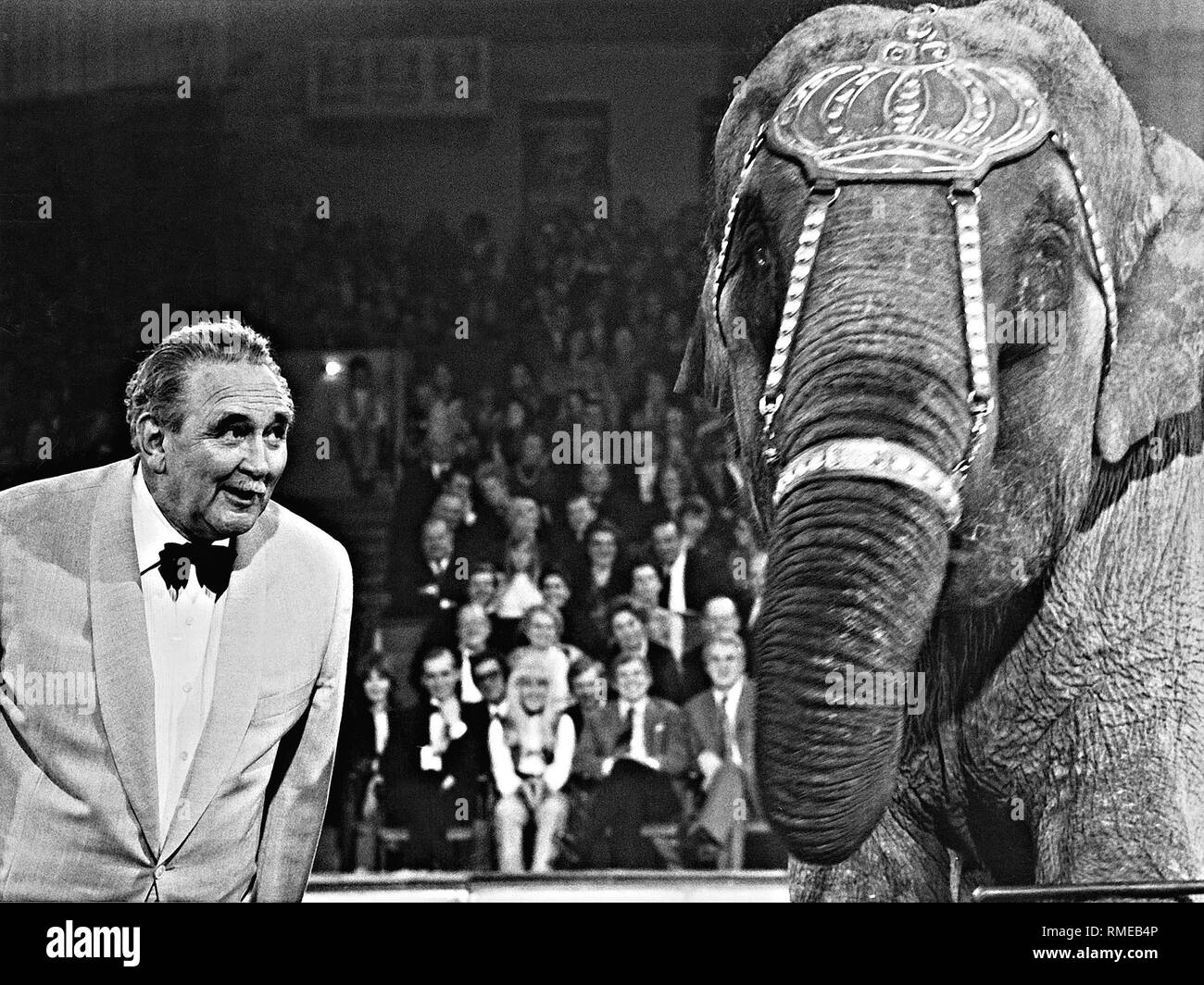 L'acteur Gustav Knuth avec un éléphant lors d'une apparition dans la série TV 'Die Goldene 10'. Banque D'Images