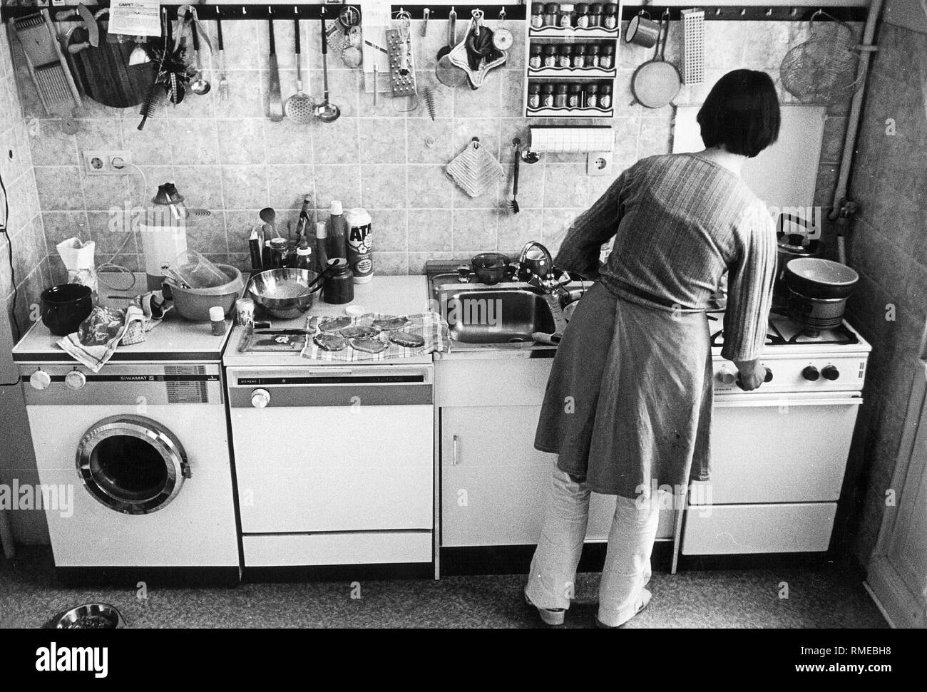 Cuisine avec divers appareils électroménagers : lave-linge, lave-vaisselle, évier et cuisinière à gaz. Banque D'Images