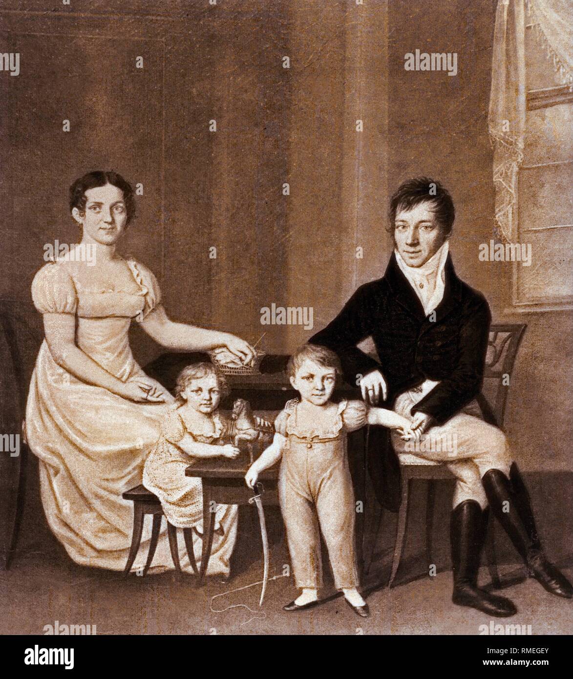 Portrait historique d'une famille dans l'Empire, 1812. Dans l'image Marietta Hartmann de Venise et son mari Daniel Zorn (18.08.1779-14.04,1835) avec leurs enfants à Augsbourg. Banque D'Images