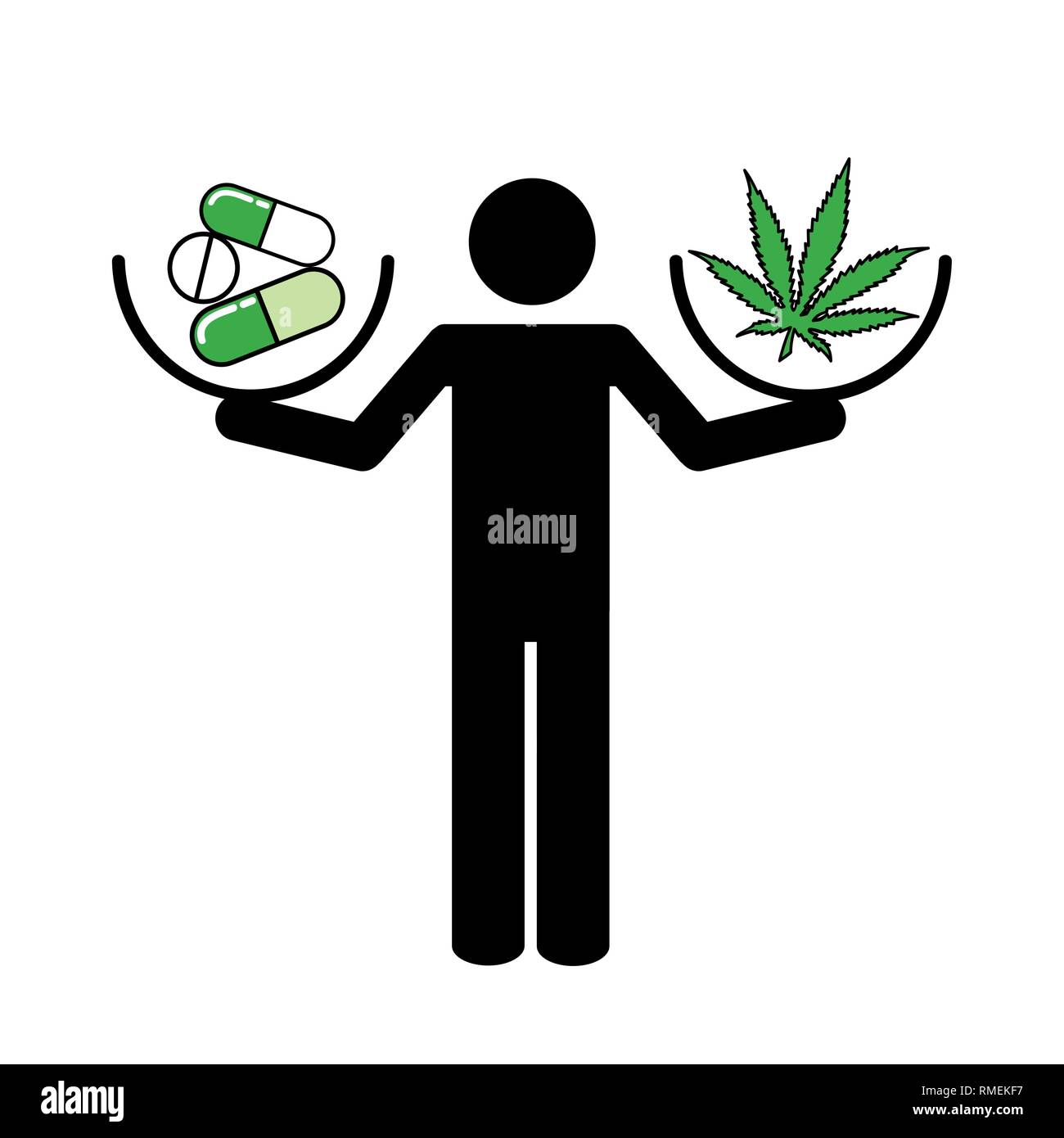 L'homme détient comprimés dans une main et le cannabis dans l'autre main Les pictogrammes vector illustration EPS10 Illustration de Vecteur