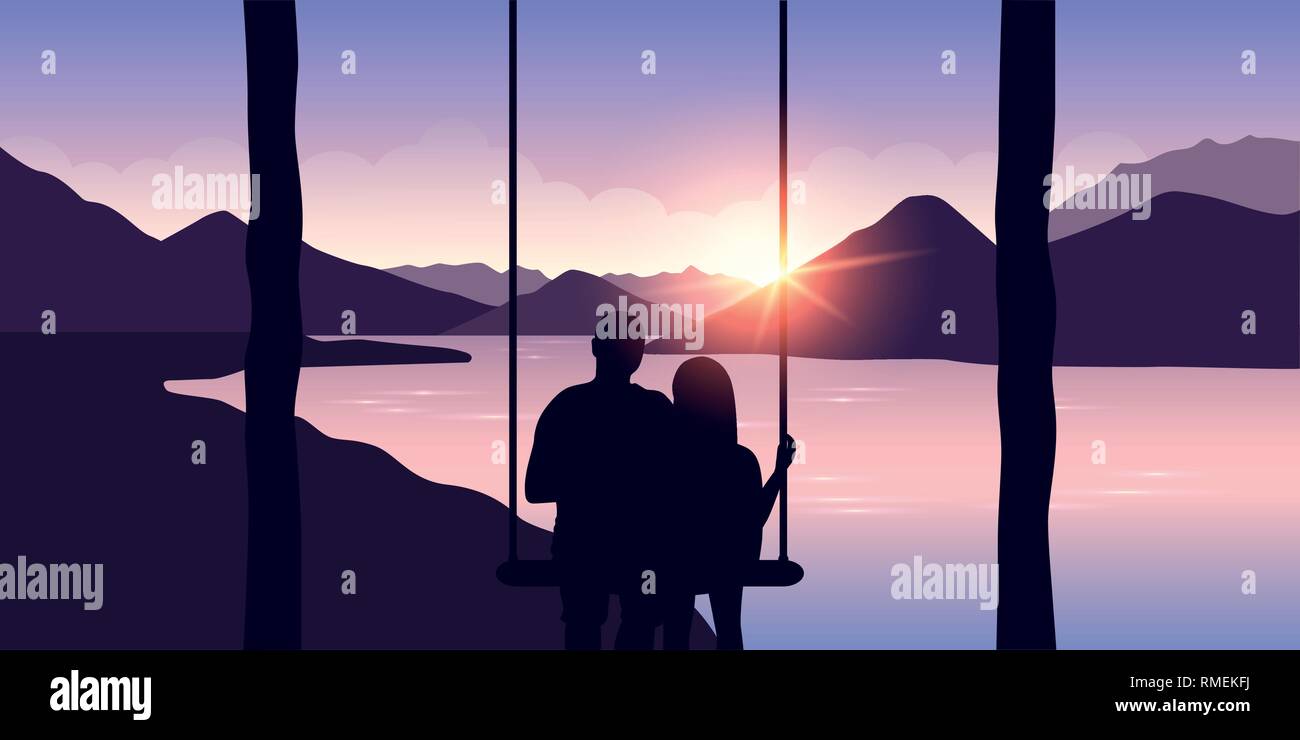 Couple in love sur une balançoire jouit de la vue sur les montagnes sur la rivière illustration vecteur EPS10 Illustration de Vecteur