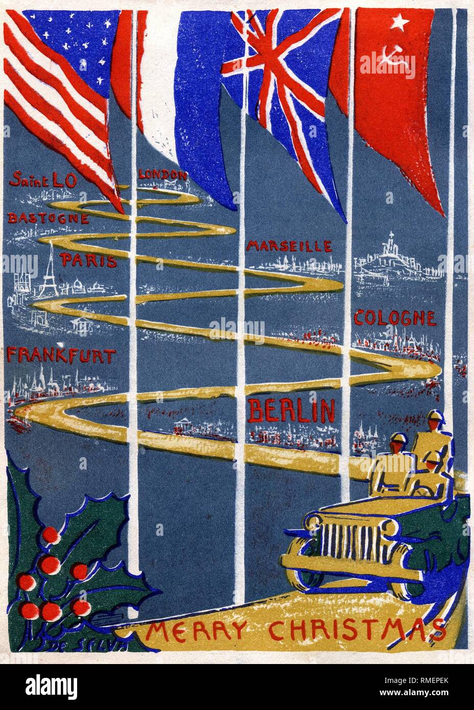 Voeux de Noël de la 42e Division d'infanterie (Rainbow) qui atteint Munich en 1945. Il illustre le parcours de la division, sous les drapeaux des alliés de la Première Guerre mondiale, qui mène de Saint Lo par Bastogne, Marseille, Paris, Cologne et Francfort à Berlin. Banque D'Images