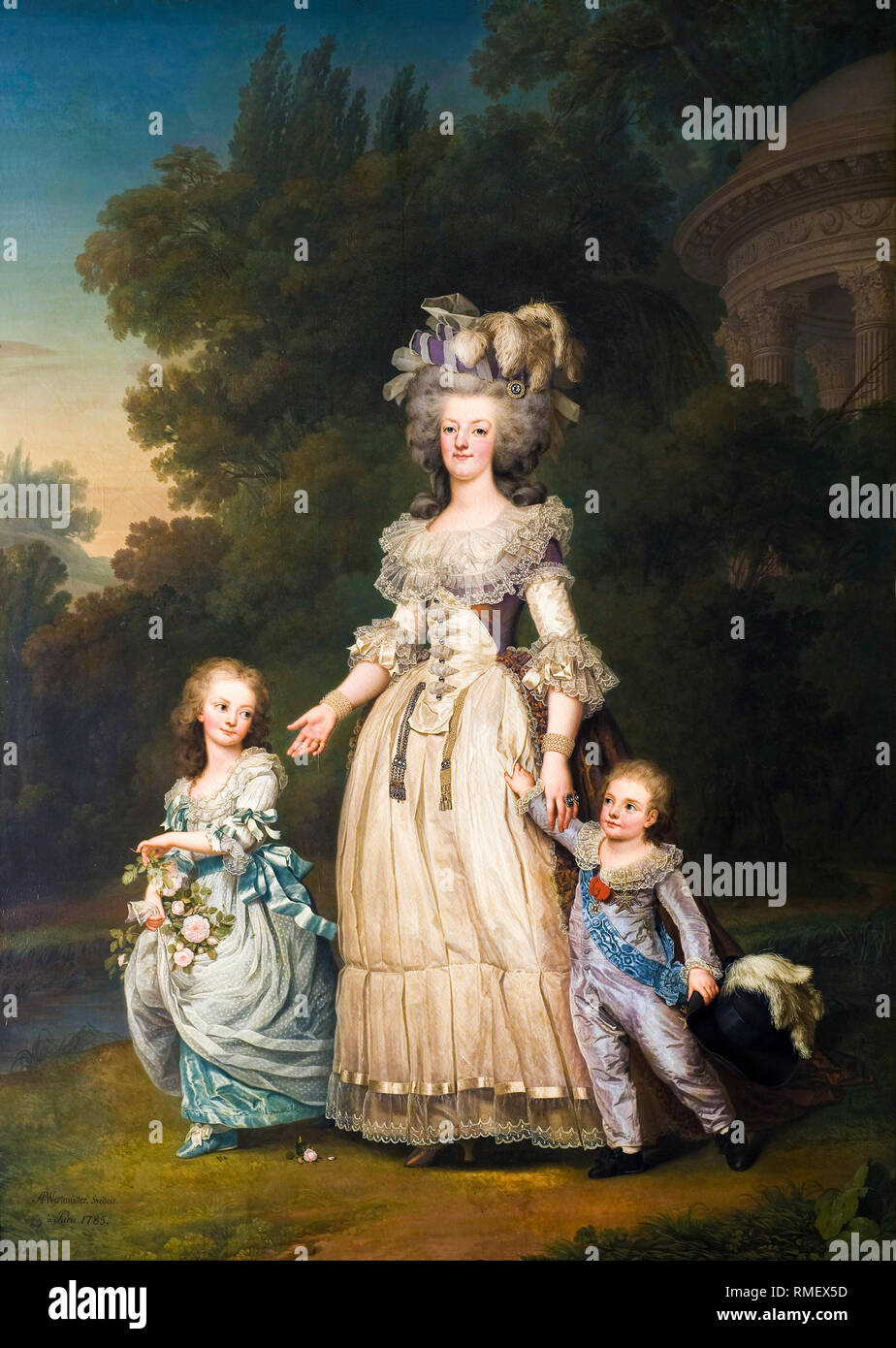 Reine Marie-Antoinette de France (1755-1793), et deux de ses enfants marchant dans le parc de Trianon, portrait peint par Adolf Ulrik Wertmuller, 1785 Banque D'Images