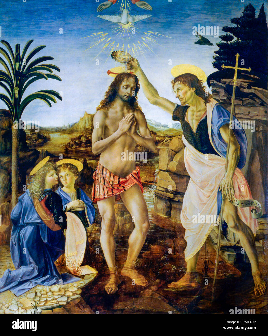 Léonard de Vinci et Andrea del Verrocchio, le Baptême du Christ, peinture Renaissance, vers 1470 Banque D'Images