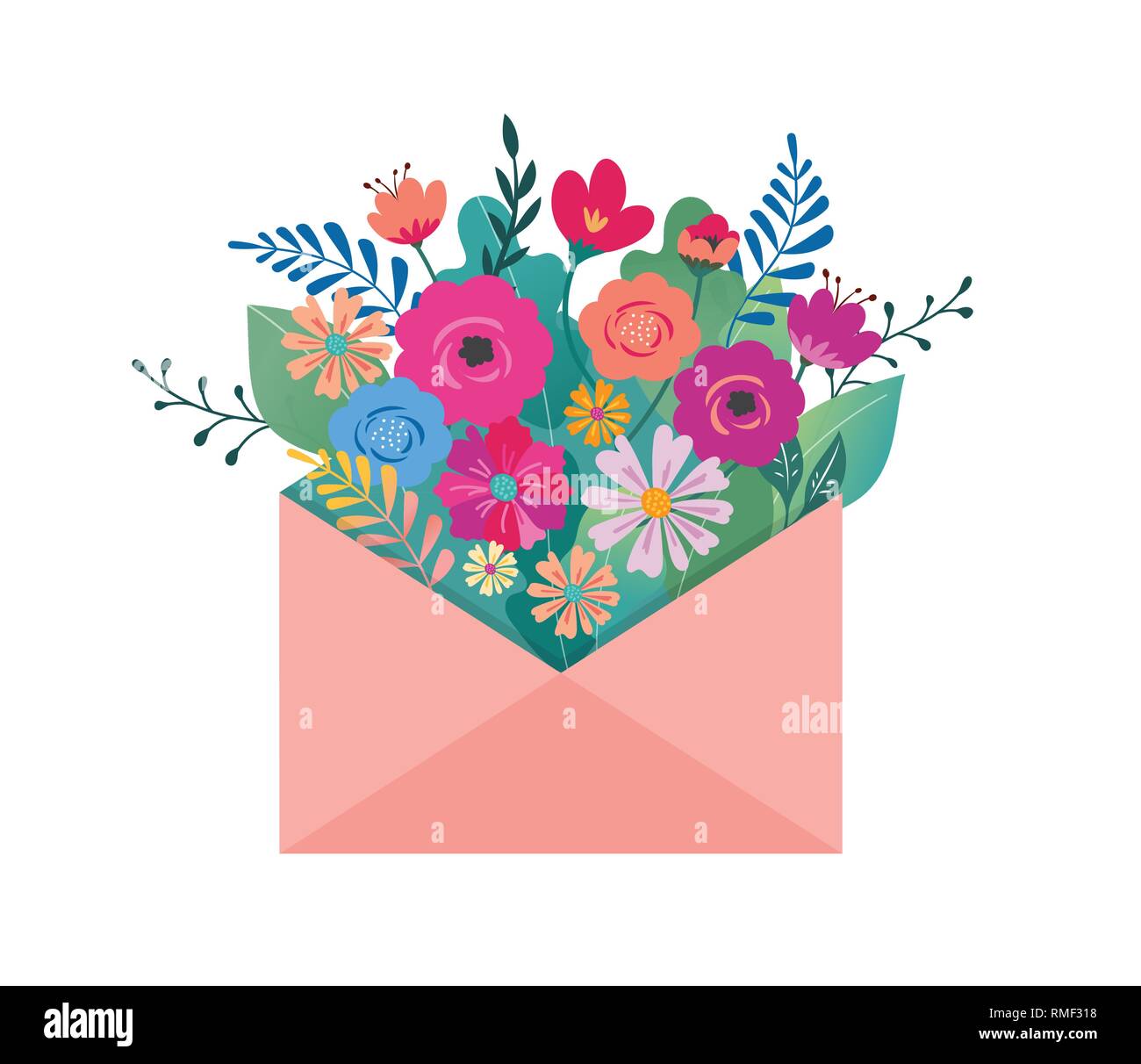 Bonjour printemps, lettre enveloppe avec bouquet de fleurs, vector illustration Illustration de Vecteur