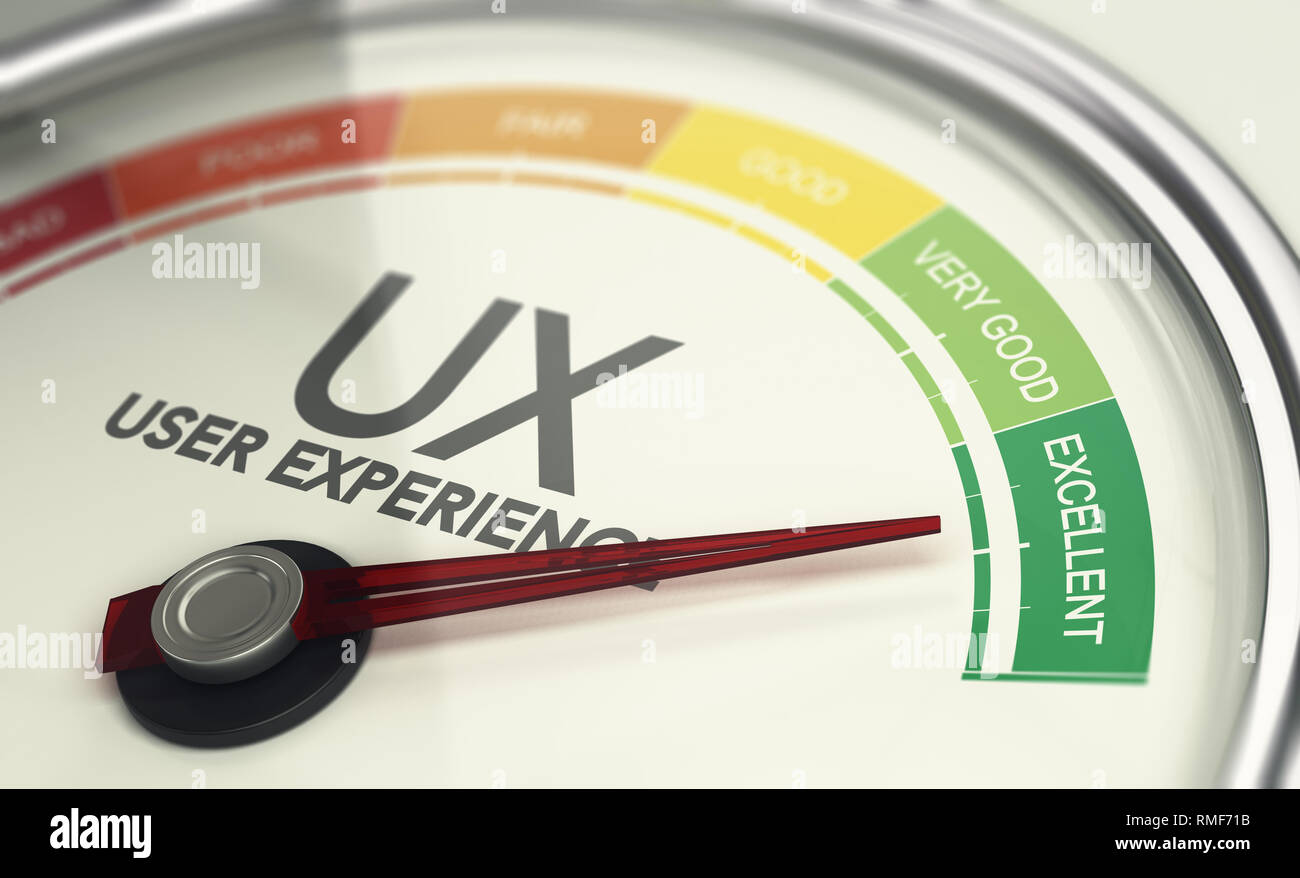 Illustration 3D d'une jauge d'expérience utilisateur avec l'aiguille pointée excellente UX. Concept Marketing Banque D'Images