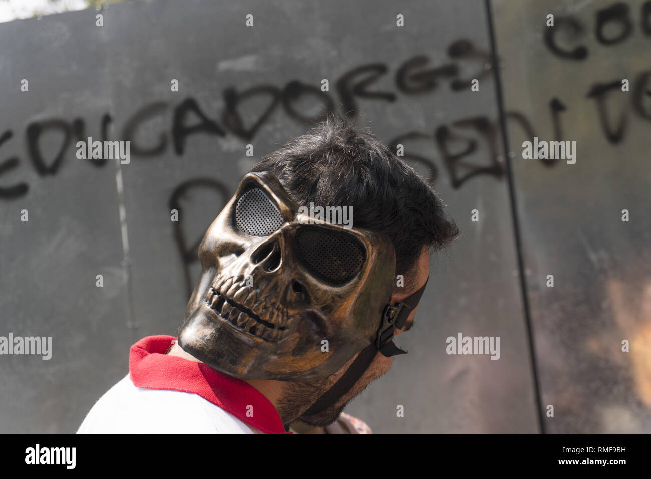 14 février 2019 - Une personne avec un masque qui manifestaient dans le mars de la Fédération colombienne de crédit de l'éducation : Daniel Garzon Herazo/ZUMA/Alamy Fil Live News Banque D'Images