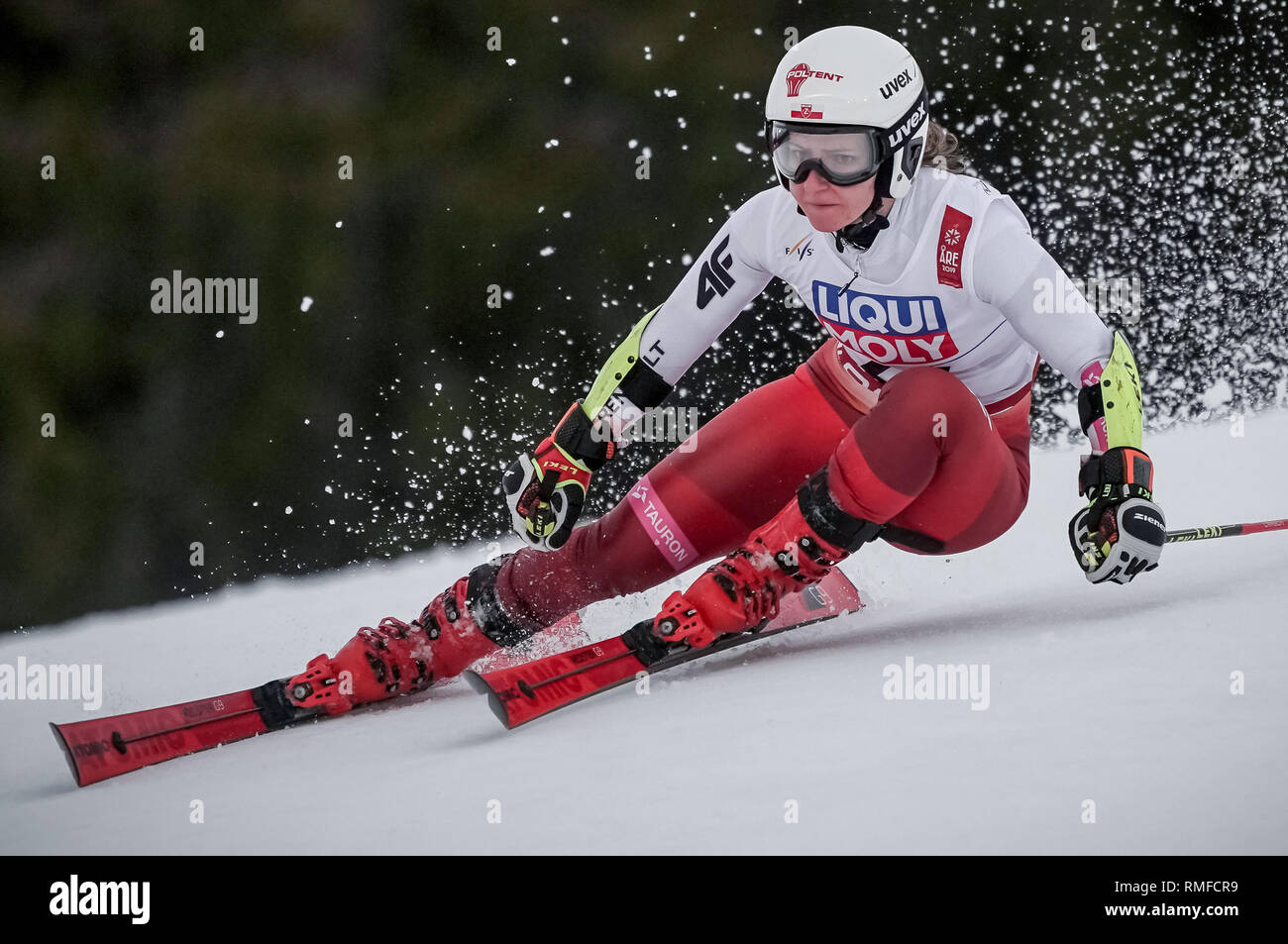 14 février 2019, en Suède, sont : ski alpin, slalom géant, championnat du  monde, les femmes, 1er tour : Maryna Gasienica-Daniel à partir de la  Pologne sur la piste de course. Photo :