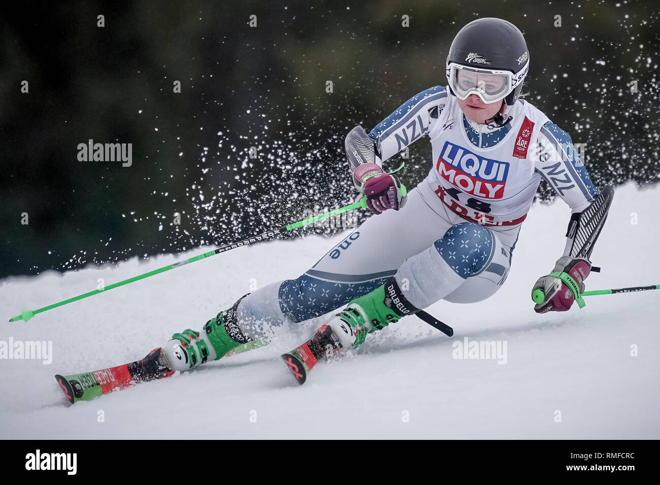 14 février 2019, en Suède, sont : ski alpin, slalom géant, championnat du  monde, les femmes, 1er tour : Alice Robinson de Nouvelle-Zélande sur la  piste de course. Photo : Michael Kappeler/dpa