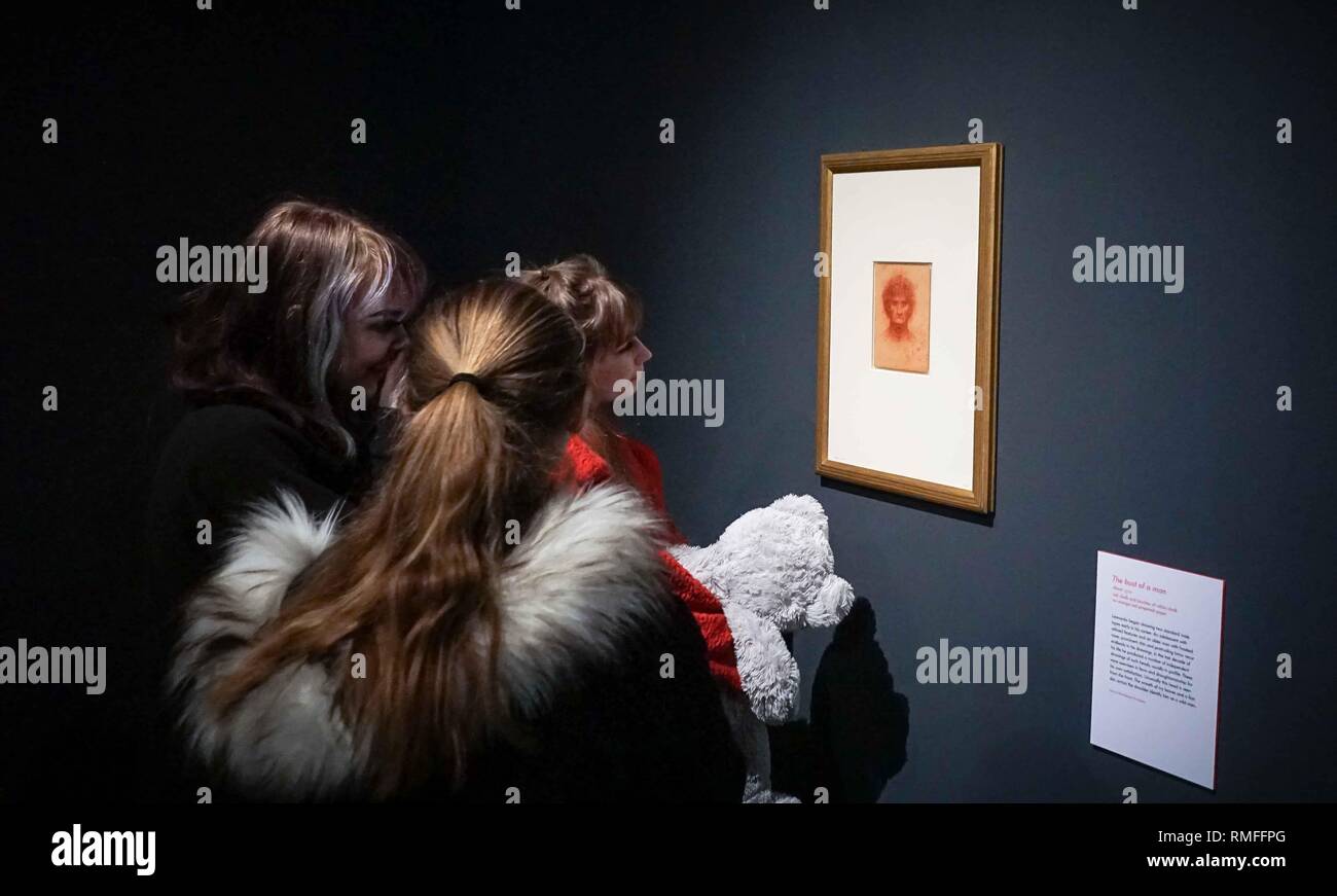 13 février 2019 - Sheffield, Royaume-Uni - Un groupe de personnes considérées à une trame à l'occasion de l'exposition..Une vie en dessin, présente douze dessins de Léonard de Vinci (1452 - 1519) le prêt par Sa Majesté la Reine de la Royal Collection Trust. Douze galeries d'art à travers la Grande-Bretagne affiche différents dessins par l'artiste en même temps entre le 1er février et le 6 mai 2019, tous à l'occasion du 500e anniversaire de la mort de l'artiste. (Crédit Image : © Ioannis Alexopoulos/SOPA des images à l'aide de Zuma sur le fil) Banque D'Images