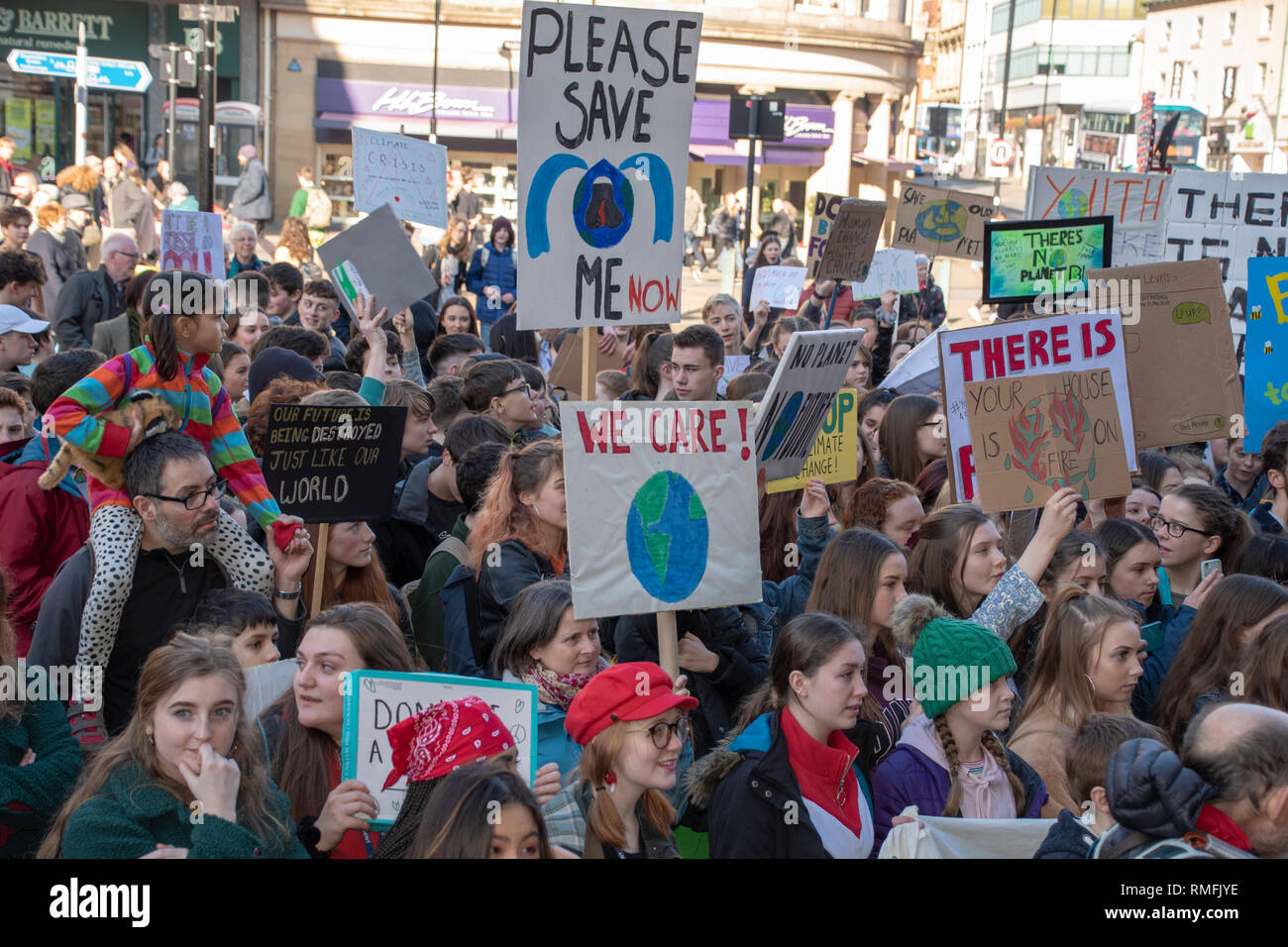 Sheffield, Royaume-Uni. Feb 15, 2019. Les jeunes de l'école de grève pour protester contre le changement climatique à Sheffield City Hall # YouthStrike4Climat Climat Septemberlegs Crédit : Grève/Alamy Live News Banque D'Images