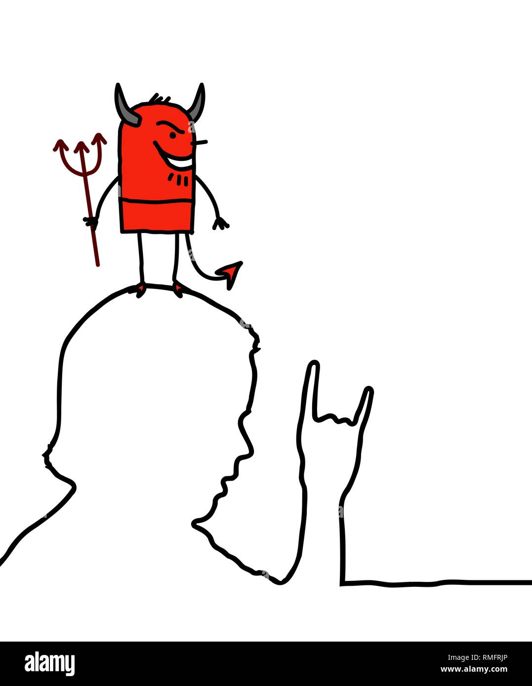 Devil & hand sign - hand drawn cartoon characters & human profile Illustration de Vecteur