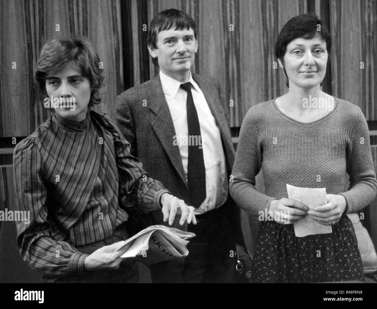 Le porte-parole du groupe parlementaire des Verts. De gauche à droite : Petra Kelly, Otto Schily et Marieluise Beck-Oberdorf. Banque D'Images