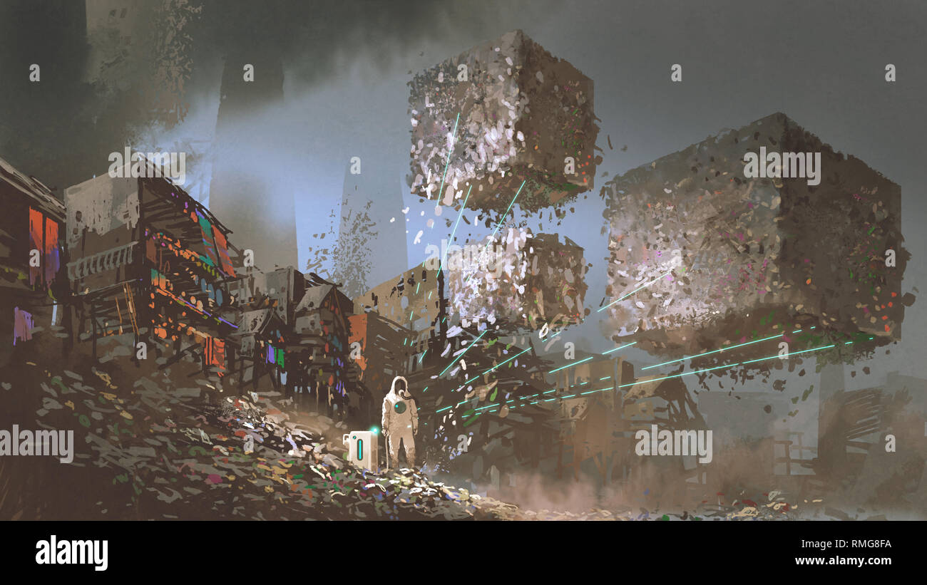 L'homme dans biohazard convient à la collecte des poubelles avec appareil de haute technologie dans fillland slum, art digital, peinture style illustration Banque D'Images