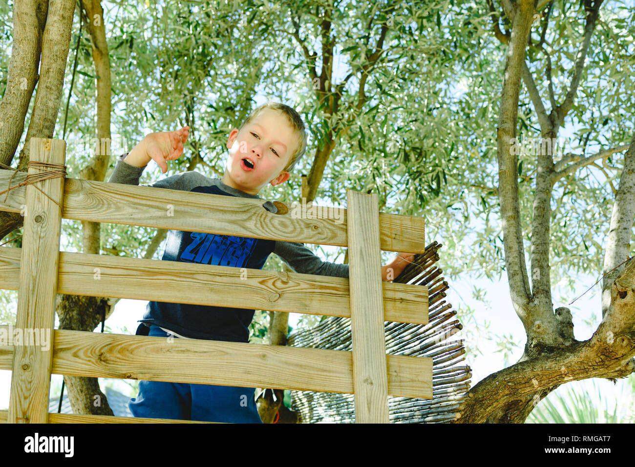 Divertissement pour enfants brandissant au dessus de sa maison sur l'arbre en bois sur un olivier, profiter de son enfance. Banque D'Images