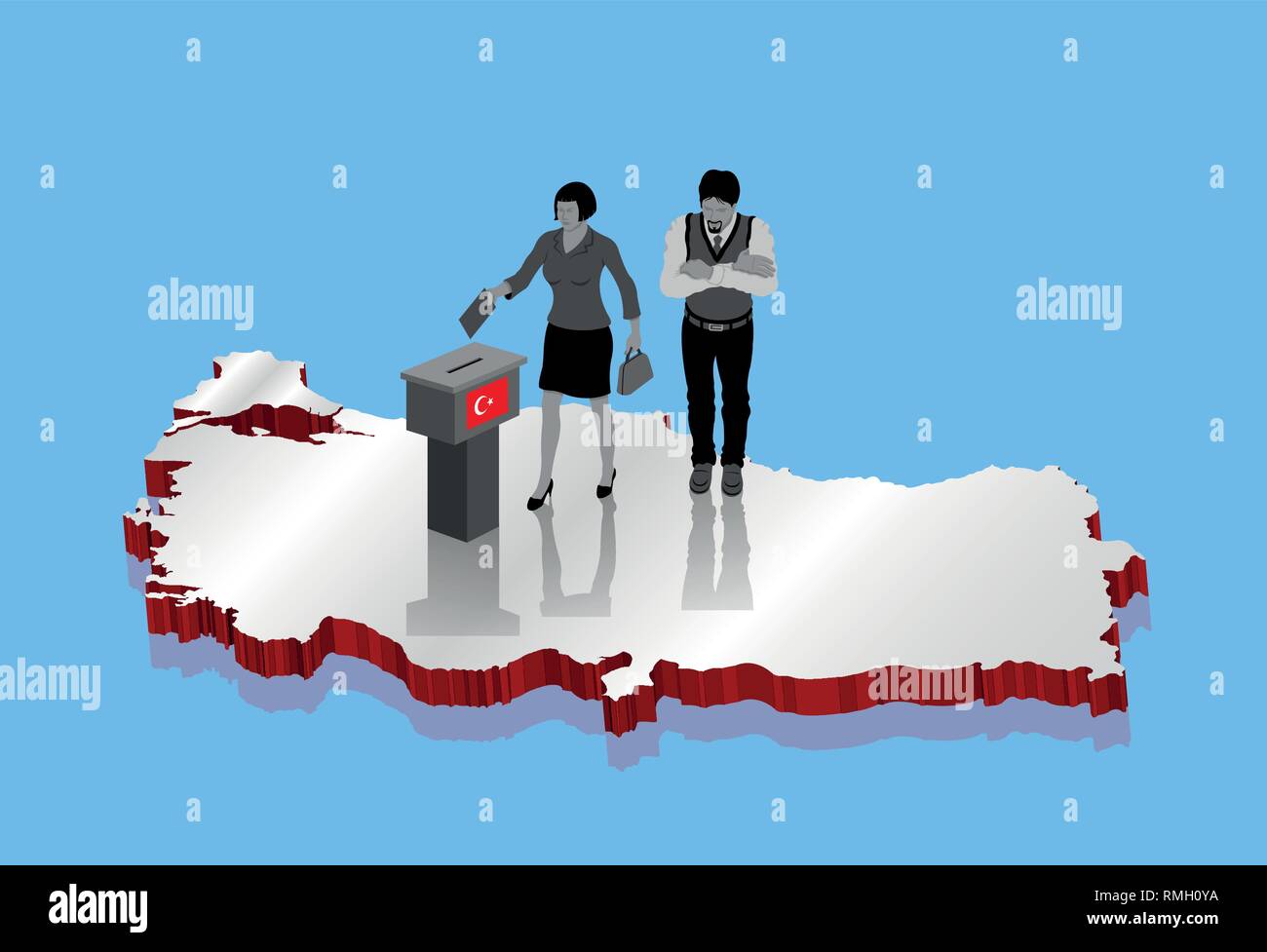 Les électeurs sont laïques qui vote pour l'élection au cours de turc Turquie carte. Tous les objets, les ombres et l'arrière-plan sont dans des couches différentes. Illustration de Vecteur