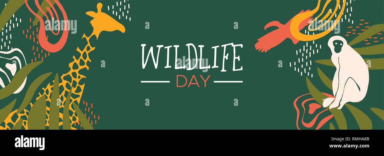 Heureux Jour de la faune illustration bannière web. Les animaux sauvages avec safari africain décoration pour le soin des animaux et la conservation. Inclut des girafes, singe, à Illustration de Vecteur
