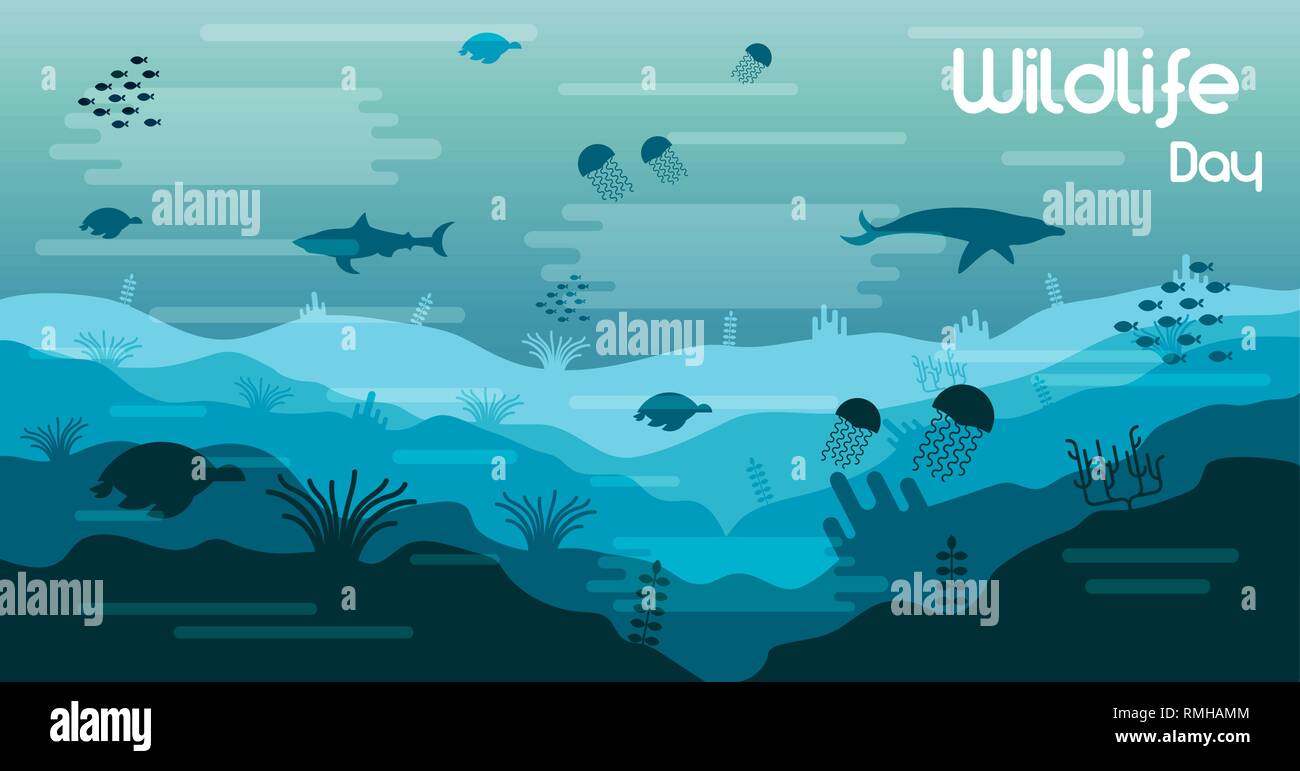 Journée de la faune illustration de l'eau de mer les animaux et les poissons dans la mer de corail pour la sensibilisation à la conservation. Comprend dolphin, requin, tortues. Illustration de Vecteur