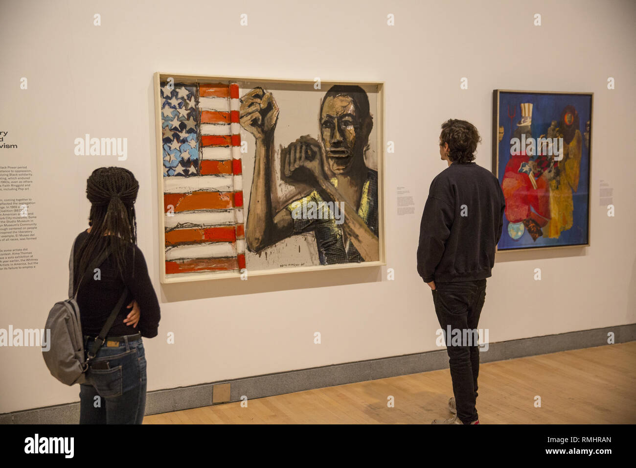 "L'ours s'asseoir sous un arbre ?" 1969,Benny Andrews, artiste, peinture oiil, tissu, fermeture éclair sur toile, cadre du Brooklyn Museum 2019, Exposition 'âme d'une nation : l'art à l'âge de Black Power' Banque D'Images