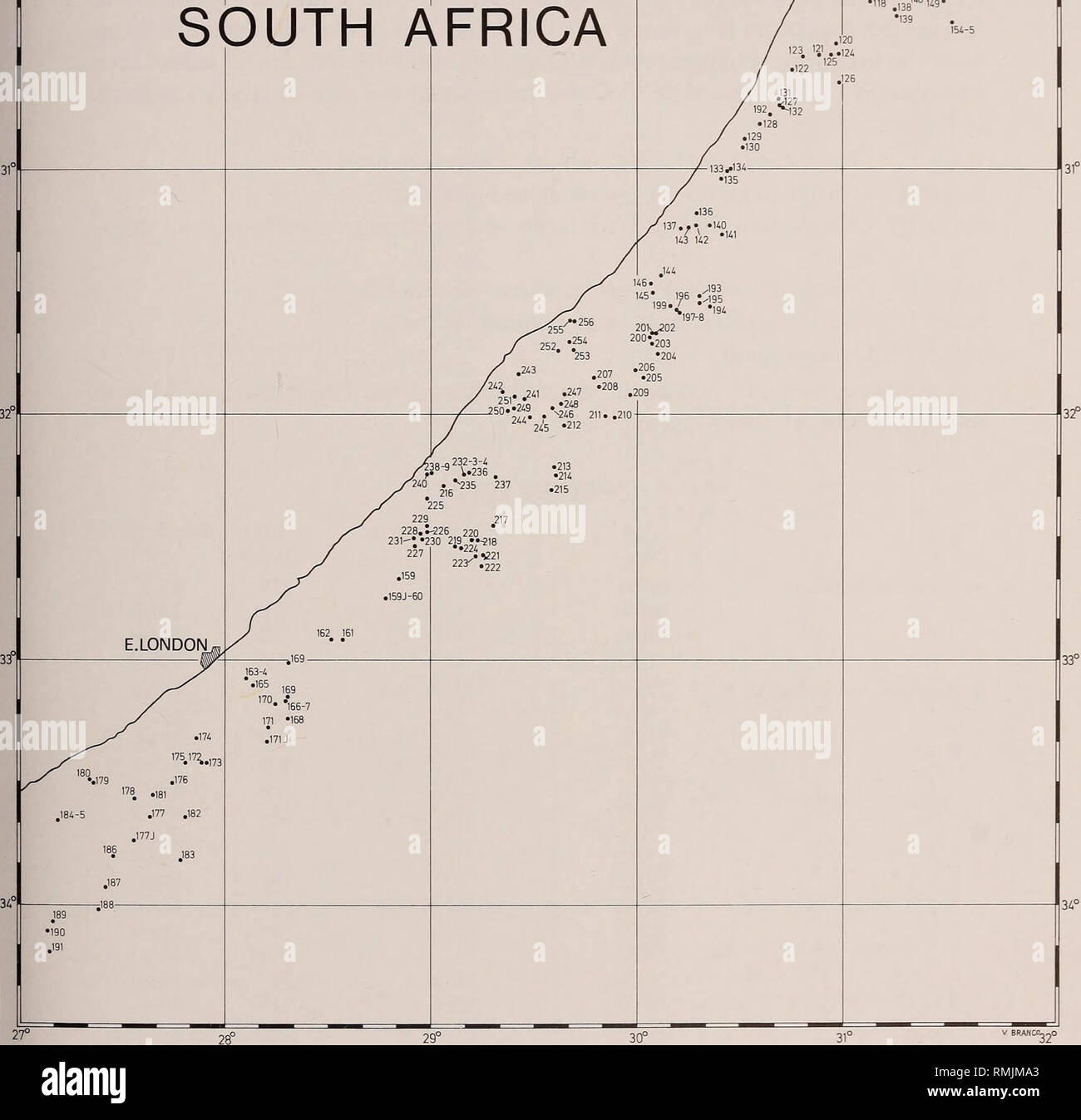 . Annales du Musée de l'Afrique du Sud  = Annale van die Suid-Afrikaanse Museum. L'histoire naturelle. Le SOUTH AFRICAN MUSEUM'S MEIRING NAUDE CRUISES 55 28° w "DURBAN 9.116 150. S.-si ,17. 1" N53 L'Afrique du Sud. Fig. 2. Occupé des stations de la côte est de l'Afrique du Sud, au sud de Durban, durant les croisières du South African Museum sur les V.A. Meiring Naude.. Veuillez noter que ces images sont extraites de la page numérisée des images qui peuvent avoir été retouchées numériquement pour plus de lisibilité - coloration et l'aspect de ces illustrations ne peut pas parfaitement ressembler à l'œuvre originale.. L'Afrique du Sud M Banque D'Images