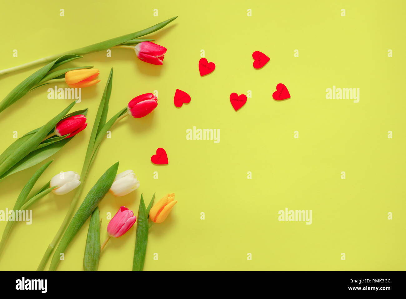 Tulipes colorées, belle composition fleurs de tulipe. La Saint-Valentin ou la fête des Mères. La Journée internationale des femmes le 8 mars. Banque D'Images