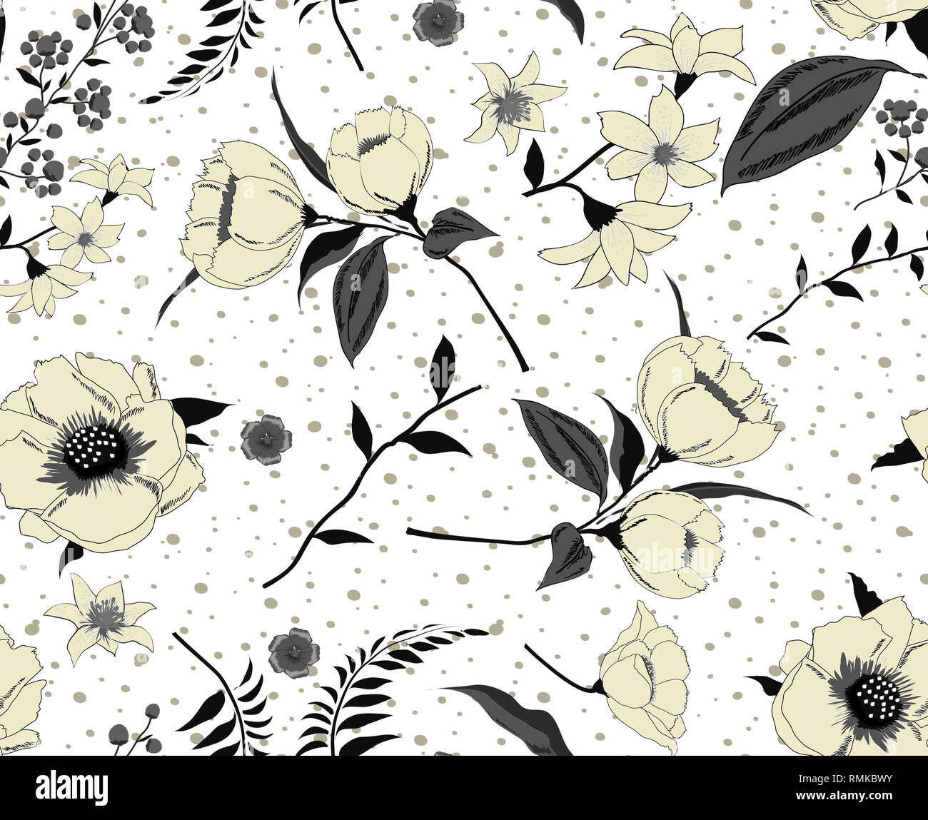 Motif floral de la mode dans les nombreux types de fleurs. Motifs botaniques tropicaux dispersés au hasard. Texture Seamless vector Banque D'Images