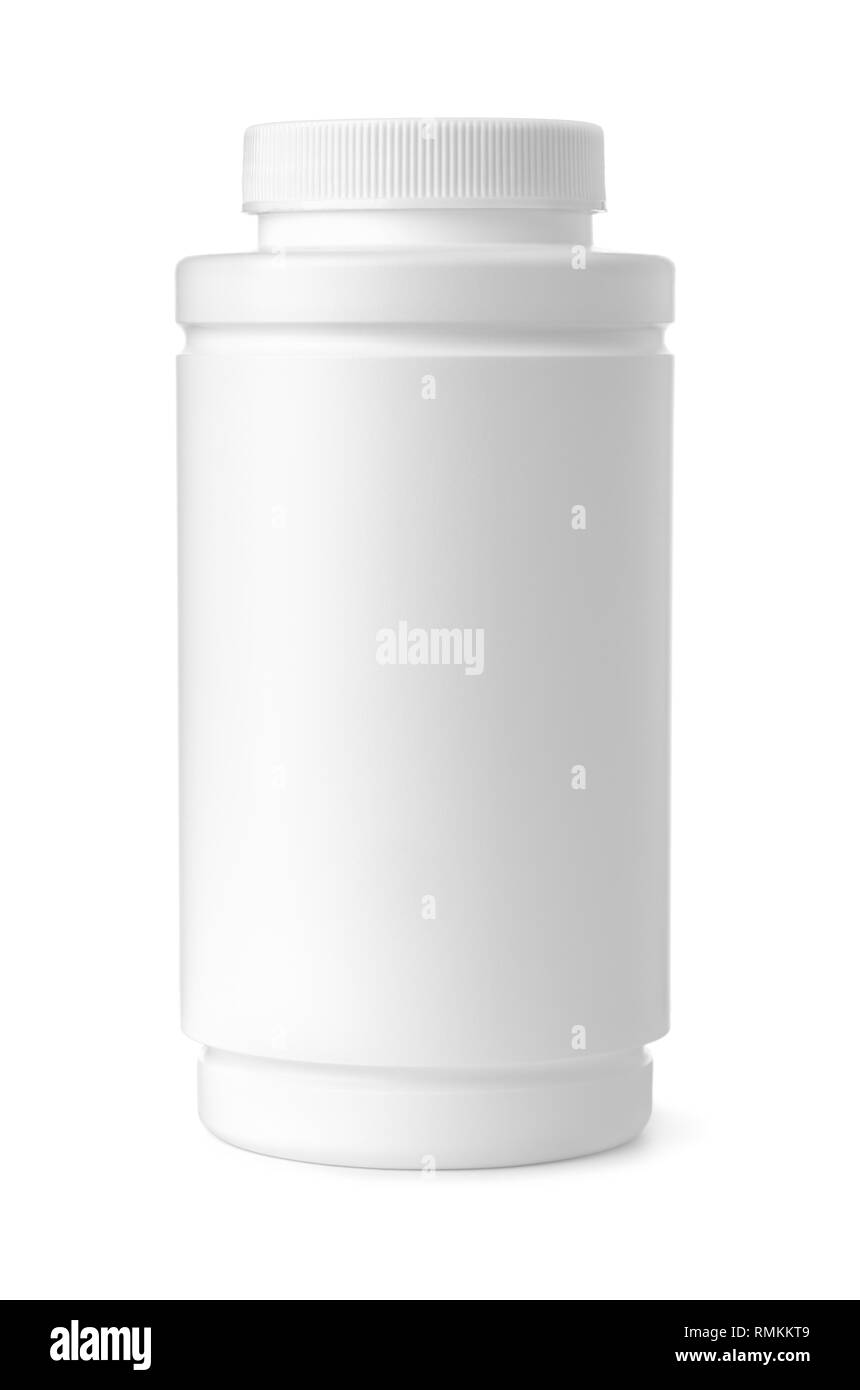 Vue avant du plastique vierge bouteille médicale isolated on white Banque D'Images