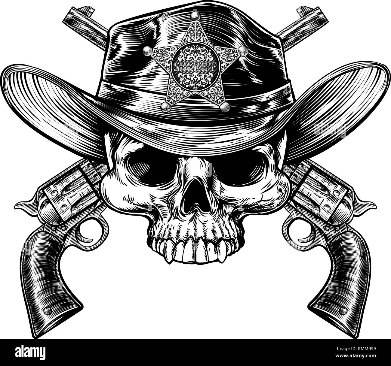 Badge de Sheriff Hat Skull et pistolets Illustration de Vecteur
