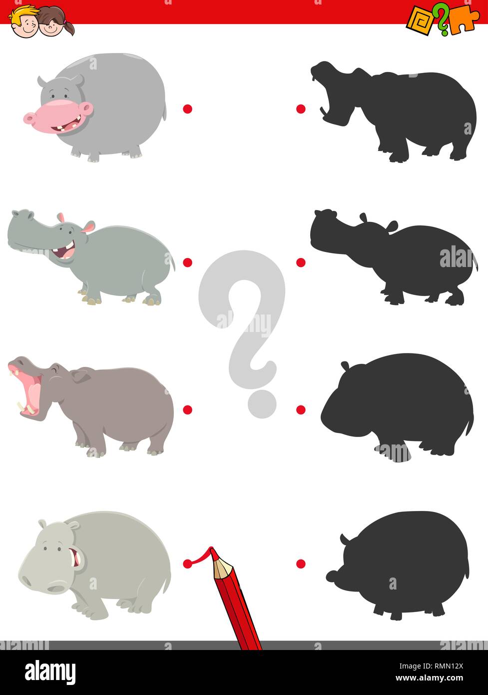 Cartoon Illustration d'Ombres correspondant jeu éducatif pour les enfants ayant des caractères des animaux hippopotames Illustration de Vecteur