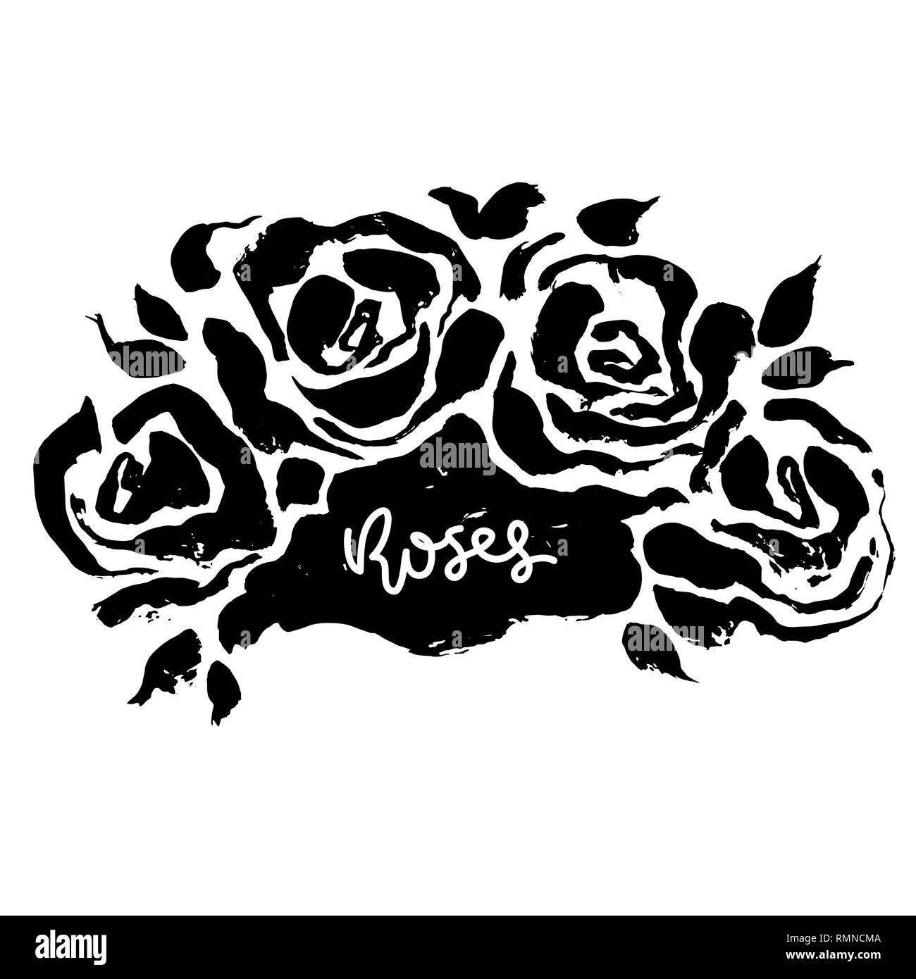 Abstract grunge fond de fleurs d'encre. Roses pinceau noir motif. Place pour le texte. Vector illustration. Illustration de Vecteur