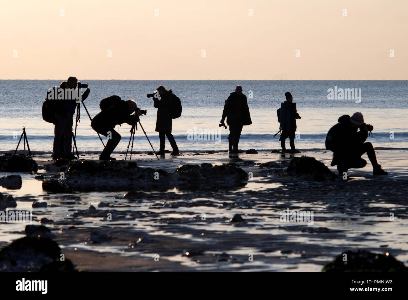 Groupe de photographes amateurs de photographier le coucher de soleil sur une plage. Banque D'Images