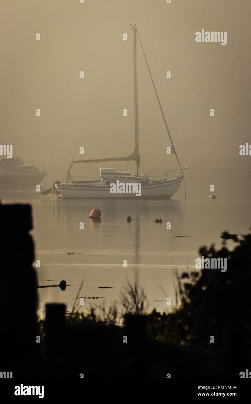 Bateau à voile sur la mer calme dans le brouillard Banque D'Images