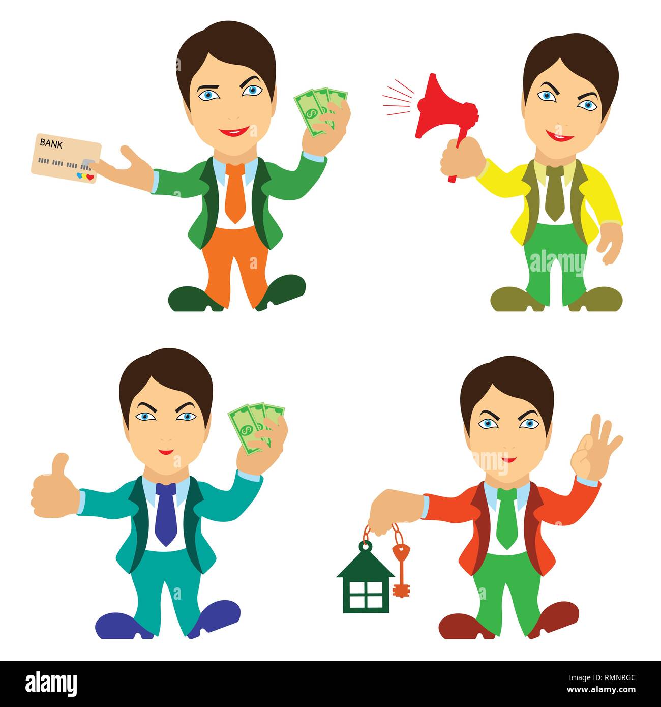 Ensemble de quatre hommes différents joyeuse dans diverses situations, conceptuel cartoon vector illustration pour la publicité Illustration de Vecteur