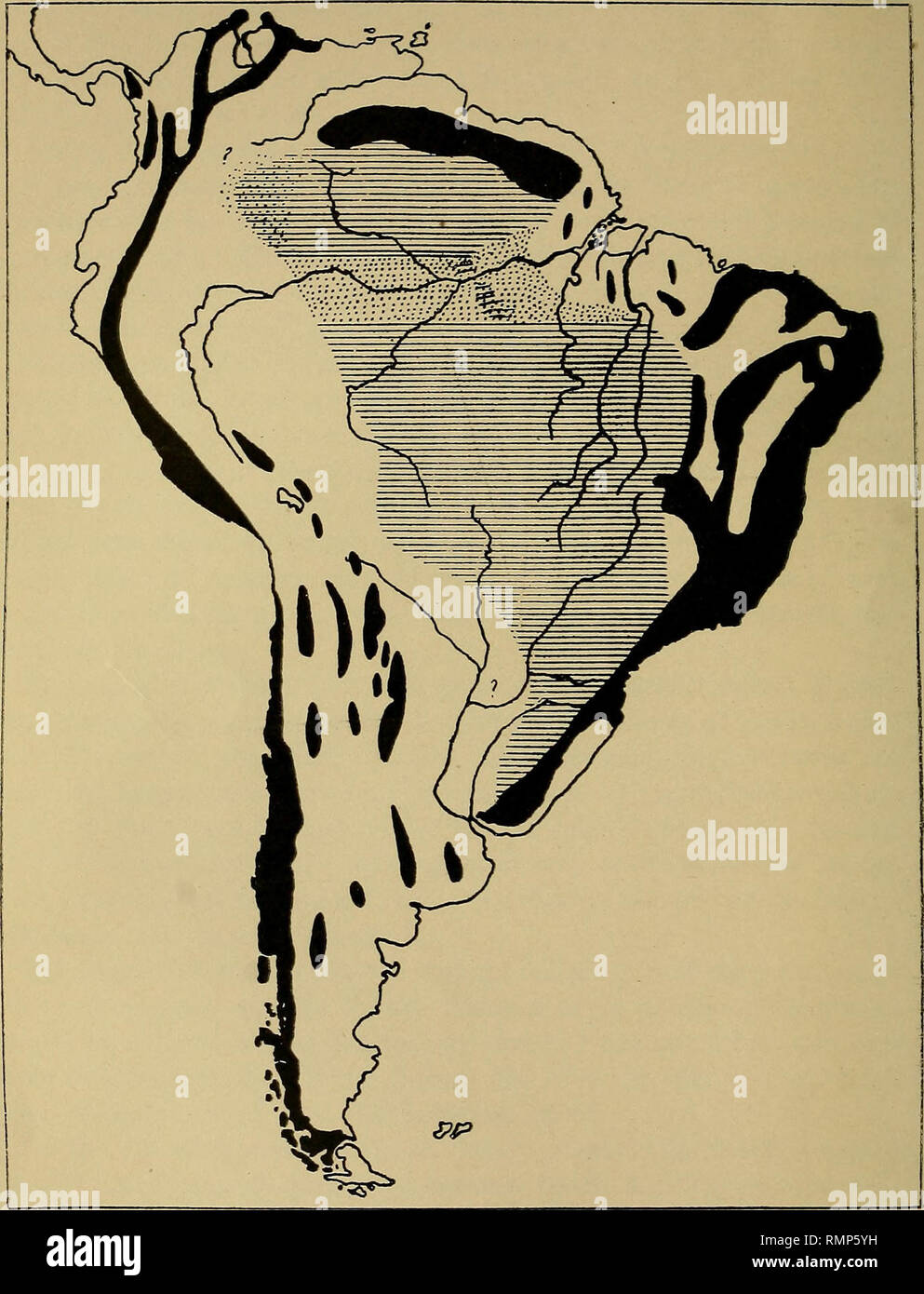 . Annales de l'Académie des Sciences de New York. La science. Annales N. Y. Acad. Sci. Volume XXII, Flate III. AKCHEAX CAMBRIAX ET AUTRES RÉGIONS D'AMÉRIQUE DU SUD L'aplat noir représente l'archéen ; la zone bordée horizontalement. représente l'hasal formation highland, qui est généralement considérée comme pré-Camhrian et qui est couverte par les dépôts alluviaux le long de l'Amazone (pointillé).. Veuillez noter que ces images sont extraites de la page numérisée des images qui peuvent avoir été retouchées numériquement pour plus de lisibilité - coloration et l'aspect de ces illustrations ne peut pas parfaitement ressembler à l'ori Banque D'Images