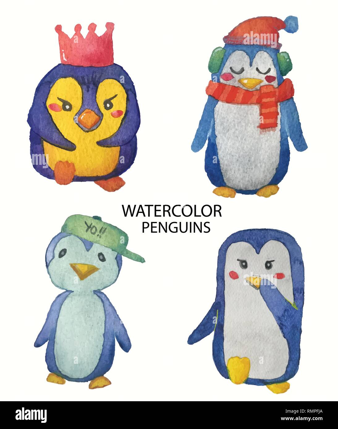 Aquarelle collection de pingouins dessinés à la main, mignon Illustration de Vecteur