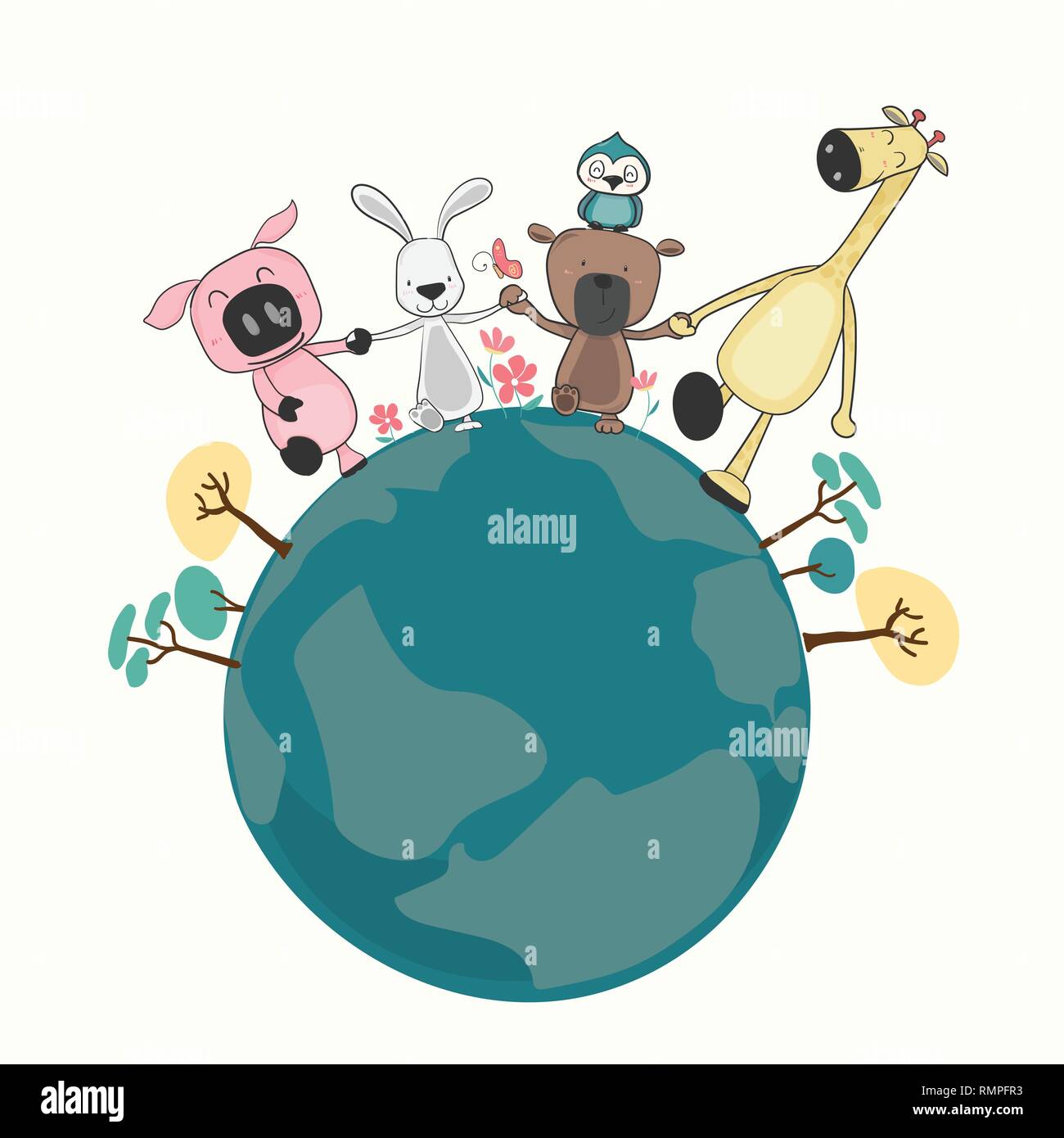 Groupe d'exploitation et des animaux heureux de marcher sur la terre Illustration de Vecteur
